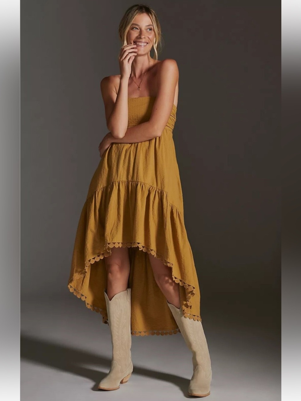 Maeve High-Low Strapless Tiered Midi Dress in Mustard